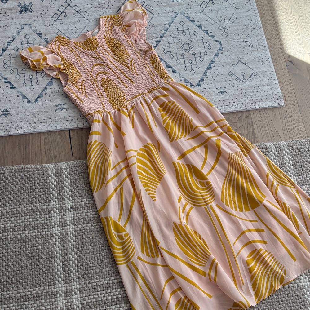 bohme Pink and Mustard Yellow Midi Dress
